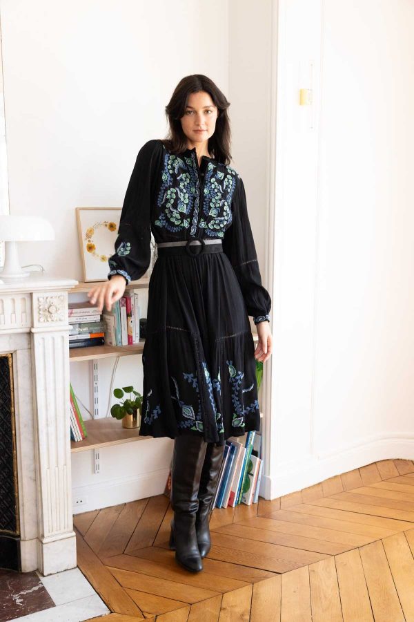 Robe mi-longue brodée effet velours VALLY