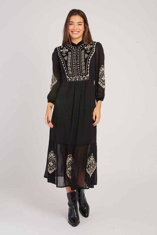 Robe longue brodée avec détails en velours VERA