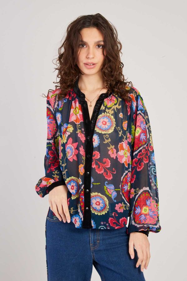 Blouse imprimée manches longues détails en velours FARAH