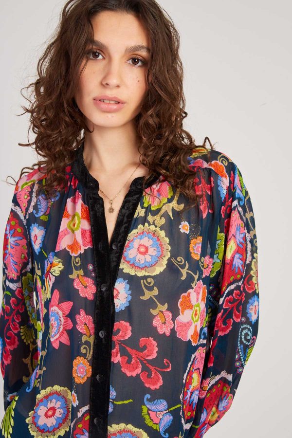 Blouse imprimée manches longues détails en velours FARAH - Image 2