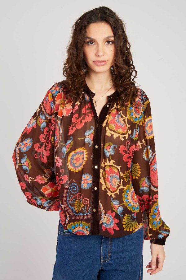 Blouse imprimée manches longues détails en velours FARAH - Image 7