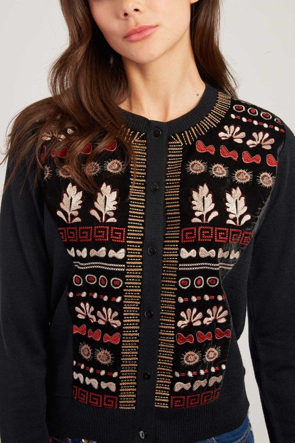 Gilet col rond effet velours brodé DAX