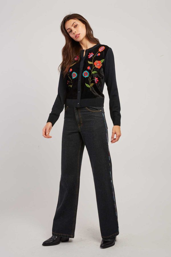 Gilet col rond effet velours brodé DELPHINE - Image 2