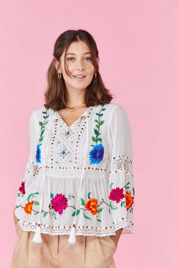 Blouse brodée avec fleurs et coquillage NEMOURS