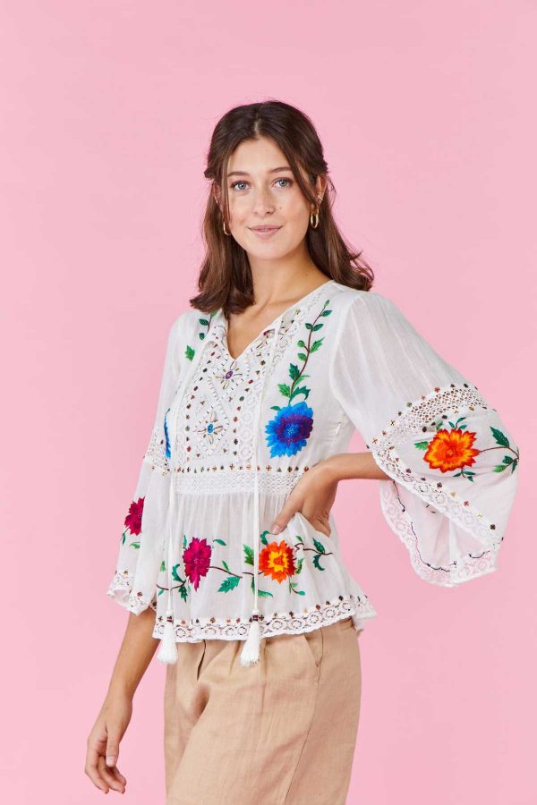 Blouse brodée avec fleurs et coquillage NEMOURS - Image 3