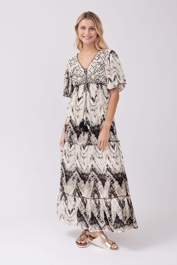 Robe longue imprimée et brodée manches courtes TAQUINE