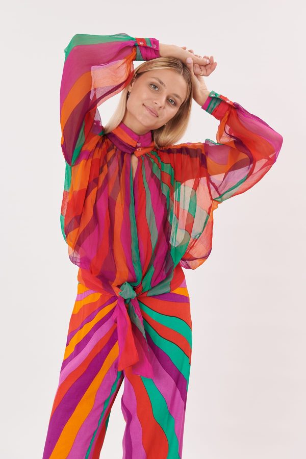 Rock Blouse en chiffon imprimé, manches longues et col Victorien,