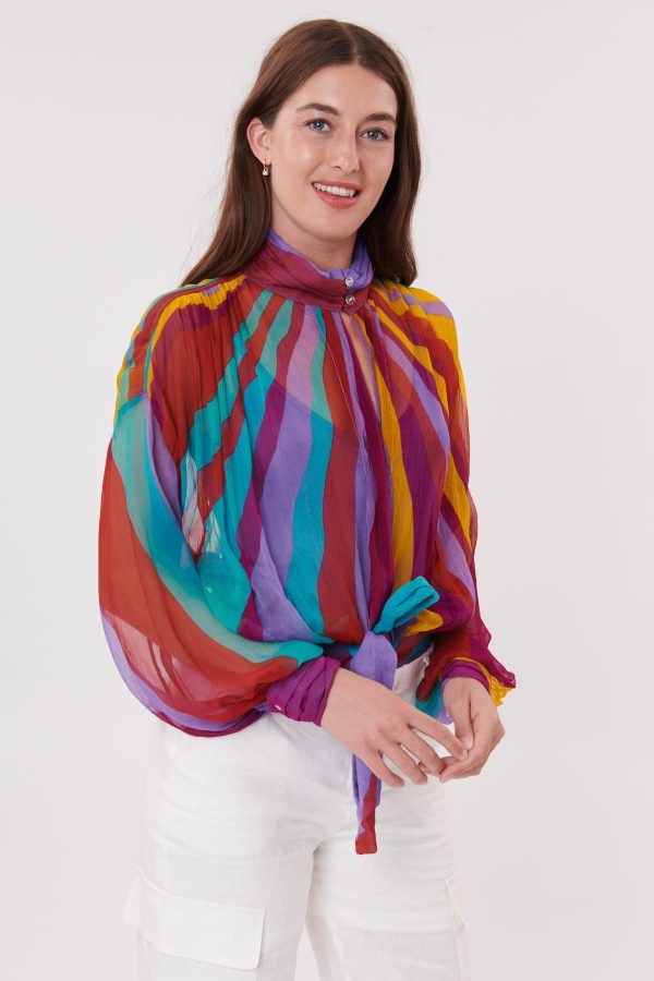 Rock Blouse en chiffon imprimé, manches longues et col Victorien, - Image 7