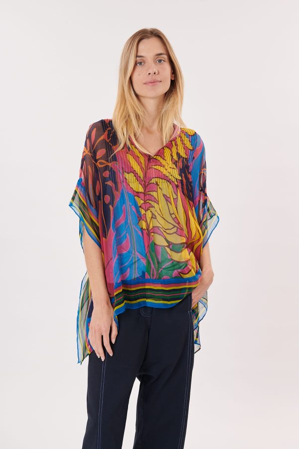 Blouse poncho imprimée manches 3/4 col rond ROSE