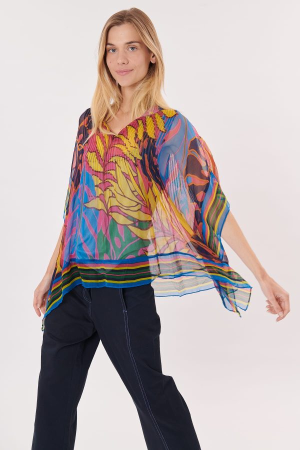 Blouse poncho imprimée manches 3/4 col rond ROSE - Image 3