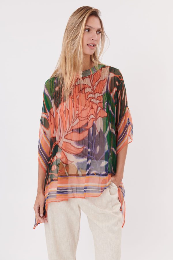 Blouse poncho imprimée manches 3/4 col rond ROSE - Image 7