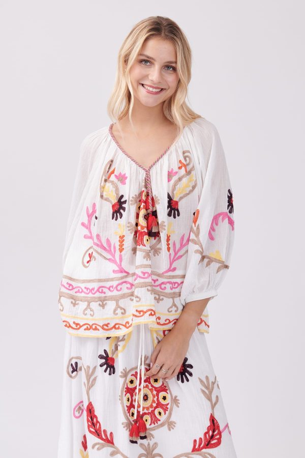 Blouse ample brodée col V manches longues OBJECTIF