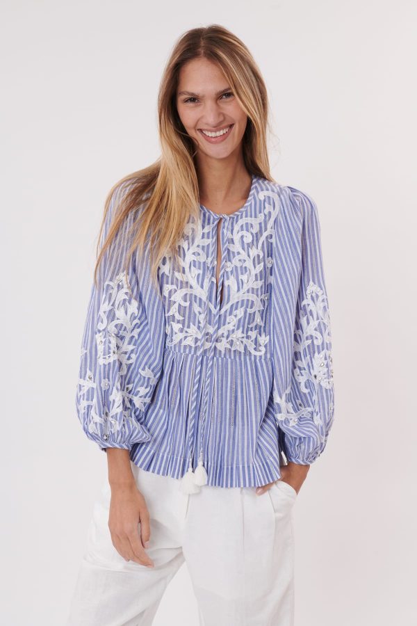 Blouse rayée et brodée en coton manches longues ODEON