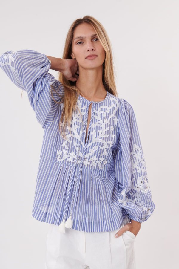 Blouse rayée et brodée en coton manches longues ODEON - Image 2