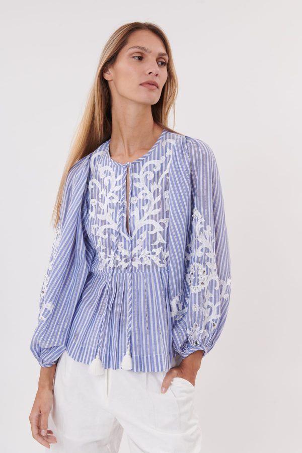 Blouse rayée et brodée en coton manches longues ODEON - Image 3