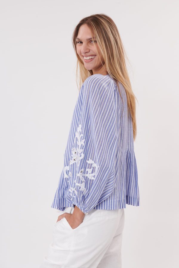 Blouse rayée et brodée en coton manches longues ODEON - Image 4