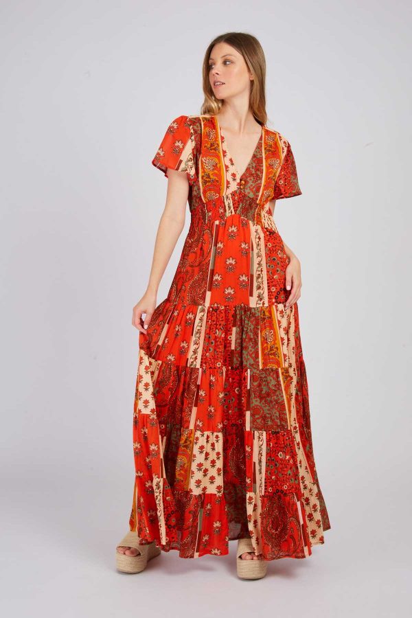 Robe longue imprimée patchwork PAPILLE